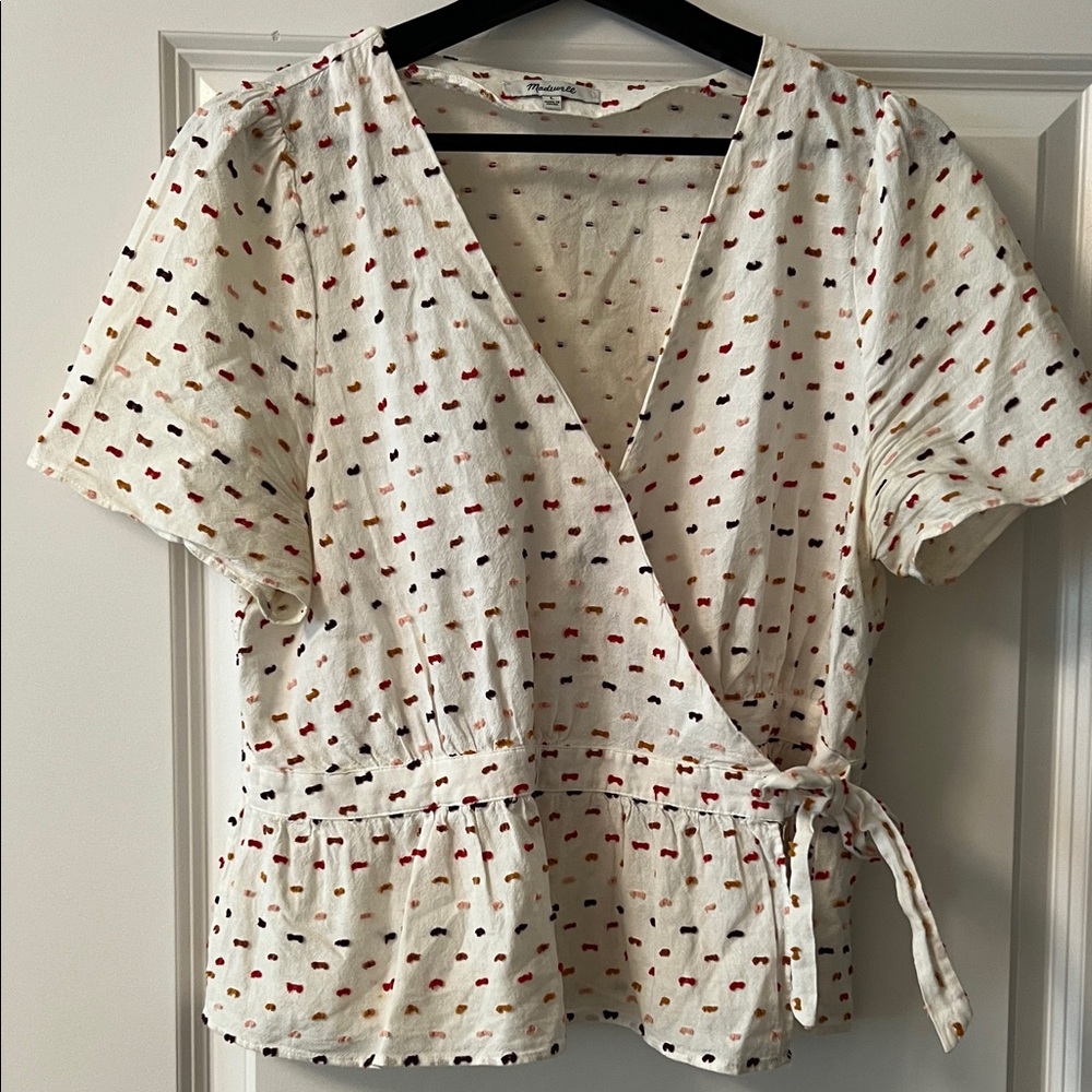 Madewell Off White Wrap Top with Red and Brown and Mustard Dot Motif
